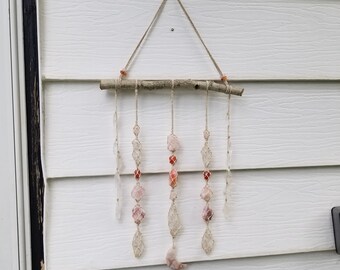 Crescent Moon & Selenite Wall Hanging, Macrame Crystal Sun Catcher, Peach Banded Agate, True Selenite Sun Catcher, Macrame Home Decor, Gift