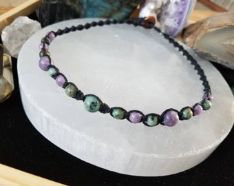 Lepidolite & African Jade Macrame Choker, Lepidolite Macrame Jewelry, Handmade Hemp Necklace, Green African Jade Choker, Gift, Grounding