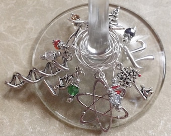 Science Wine Glass Charm Set of 8 Pi Double Helix Microscope Atom Newton Saturn Astronomy Biology Planet Dinosaur Paleontology Caduceus