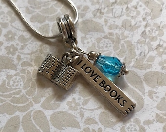 I Love Books Necklace Great Gift Book Lover Avid Reader Librarian Gift Book Gift Xmas Gift Mother's Day Library Teacher