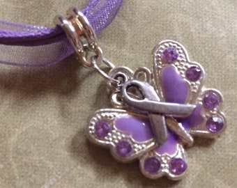 Purple Butterfly Awareness Ribbon Necklace, Lupus, Crohns, Colitis, Chiari Epilepsy, Alzheimers, Pancreatic Cancer SLE, Fibro, Get Well Gift