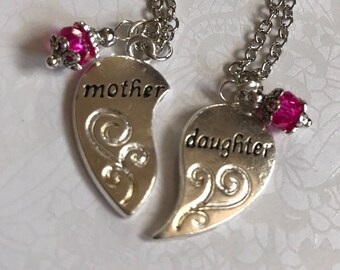 Mother Daughter Heart Pink Sparkling Glass Beads Charm Pendant Necklace Fuchsia Mom Gift MOM010