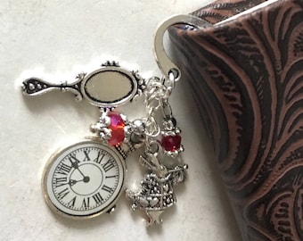 Alice In Wonderland Bookmark, Alice In Wonderland Gift, Fantasy Book, Book Gift,  Red Hearts, Rabbit Pocket Watch, Looking Glass Mirror