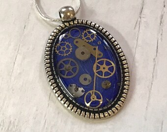 Blue Steampunk Necklace, Gears, Steampunk Pendant, Repurposed, Gears, Watch Parts, Steampunk Gift, gift for her, blue gift, unique gift