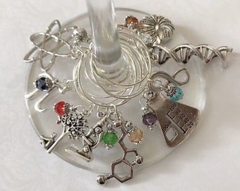 Science Wine Glass Charms, Set of 10, Pi, Double Helix, Microscope, Atom, Biology, Planet, Fossil, Chemical, Infinity, Math DNA Science Gift