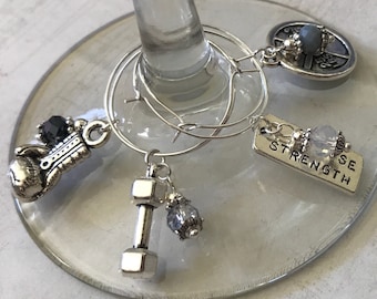 Fitness Wine Glass Charms, Set of 4, Weights, Barbell, Boxing Glove, I Choose Strength, Work Out, Gym Gift, Fitness Gift CrossFit Gift