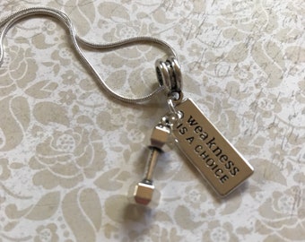 Weakness Is A Choice Barbell Necklace, Fitness Jewelry, Work Out Gift