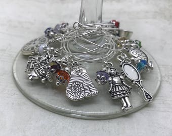 Alice In Wonderland Wine Glass Charms, Set of 12, Rabbit, Cheshire Cat, Looking Glass, Book, Wine Gift, Tea, Queen of Hearts, Gift for her