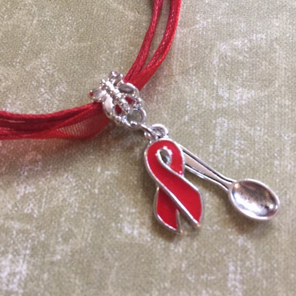 Red Spoon Theory Necklace Awareness Ribbon Necklace Burgundy Heart Disease AIDS Marfan Syndrome Gift Brain Aneurysm Hemophilia Spoonie Gift