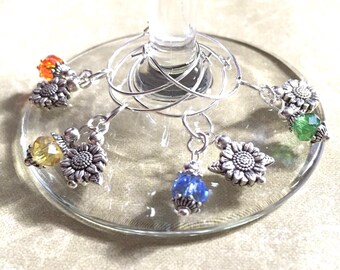 Sunflower Wine Glass Charms, Set of 4, Leaf, Flower, Sunflower, Hippie Gift, Boho Gift, Glass Beads, Gardening Gift, Sunflower Gift