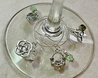 Irish Wine Glass Charms Set of 4 Great Gift! Green Shamrock Four Leaf Clover Lucky Celtic Claddagh Trinity Knot St Patty's Patrick's Day