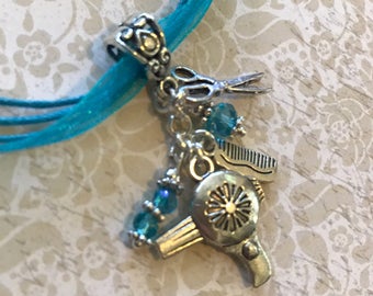 Hair Stylist Necklace Beautician Scissors Comb Blue Aqua Teal Turquoise Glass Beads Charm Pendant Necklace Blow Dryer Cosmetology BD423