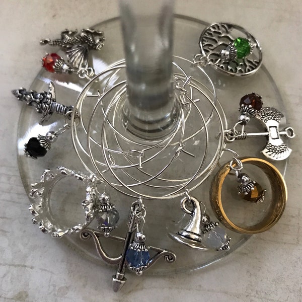 Lord of the Rings Wine Glass Charms, Set of 8, LOTR Gift, Fantasy, Sword, Gandalf's Hat, Crown Bow & Arrow Ring Dragon Smaug Drink Beer Gift