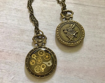 Alice In Wonderland Steampunk Necklace, Pocket Watch, Rabbit, Steamkpunk Gift, Gift for her, White Rabbit, steampunk pocket watch