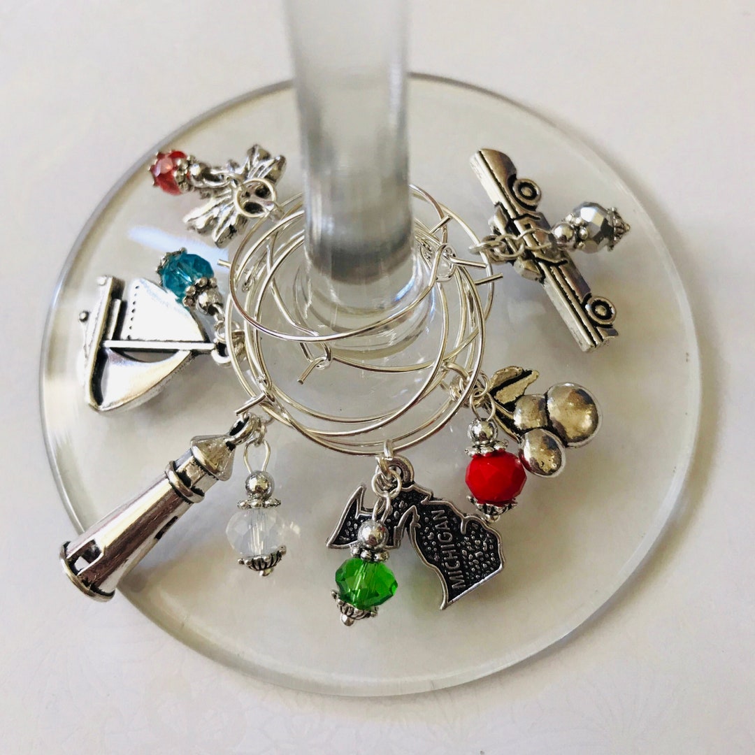 Michigan Wine Glass Charms, Set of 6, Lighthouse, Sailboat, Leaf