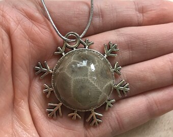 Petoskey Stone Ornament Snowflake Christmas Tree Gift Holiday Unique Christmas Ornament Lake Michigan Gift Rockhound Gift Great Lakes Gift