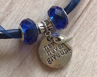 May include: A blue ribbon bracelet with faceted blue beads and a silver charm. The charm is round and has the words "never give up!" engraved on it, along with a blue ribbon symbol.