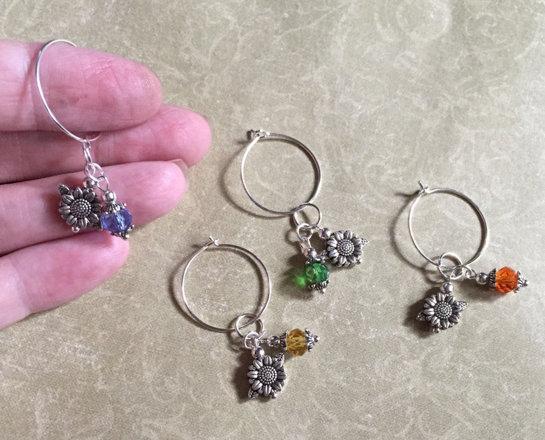 Sunflower Wine Glass Charms Set of 4 Leaf Flower Sunflower Gift Glass Beads Sparkle Beer Bottle Charms Gardening Gift Sunflower Gift image 4