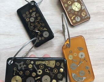 Steampunk Luggage Tags Black Orange Gears Set In Resin Cogs Metal Upcycle Victorian Industrial Repurposed Watch Parts