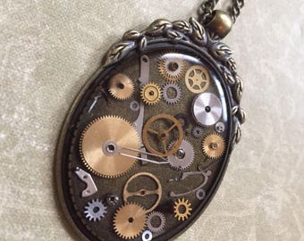 Steampunk Necklace, Handmade Necklace, Gears in Resin, Unusual, Repurposed, Victorian, Bronze, Flower Steampunk Gift, Unique Gift for Her