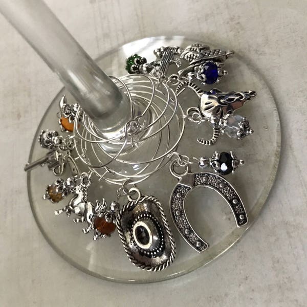 Cowboy Wine Glass Charms, Set Of 8, Boot, Hat, Horseshoe, Revolver, Gun, Wild West, Wine Glass Charms, Texas, Horse, Cactus, Equestrian Gift