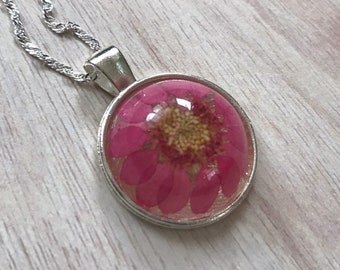 Pink Daisy Necklace, Dried Pressed Flower, Round, Pink, Fuschia, Rose, Burgundy, Gift For Her