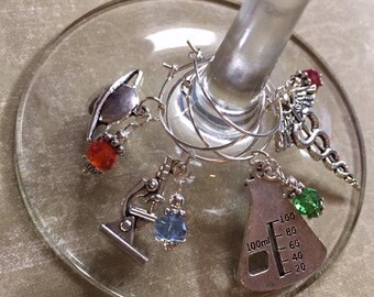 Science & Medicine Wine Glass Charms, Set of 4, Microscope, Planet, Beaker, Medical Science Gift, Biology, Lab Tech, Chemist, Doctor Gift