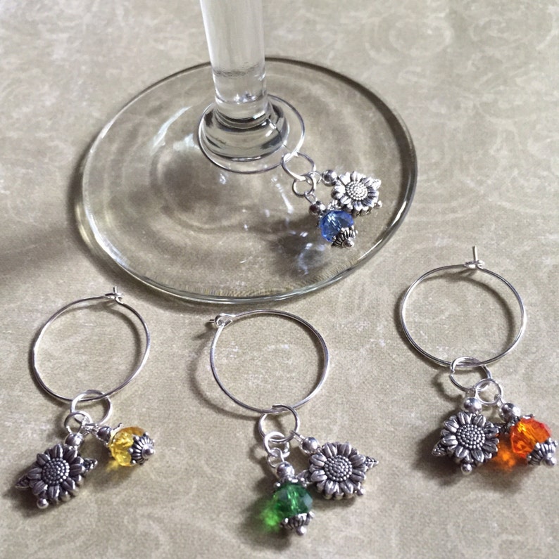 Sunflower Wine Glass Charms Set of 4 Leaf Flower Sunflower Gift Glass Beads Sparkle Beer Bottle Charms Gardening Gift Sunflower Gift image 2