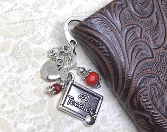 Number One Teacher Charm Bookmark, Apple, Red Beads