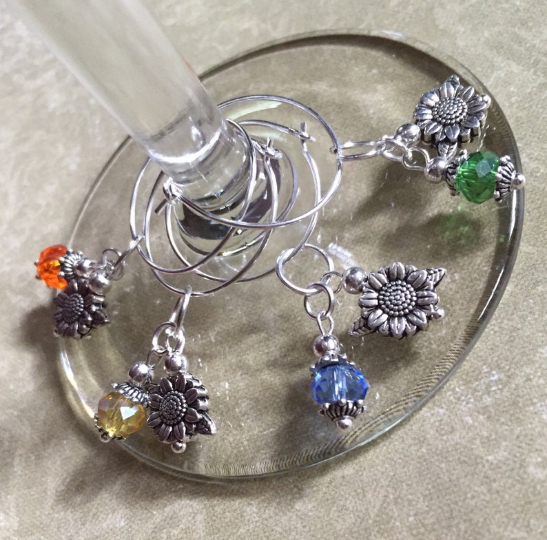 Sunflower Wine Glass Charms Set of 4 Leaf Flower Sunflower Gift Glass Beads Sparkle Beer Bottle Charms Gardening Gift Sunflower Gift image 5