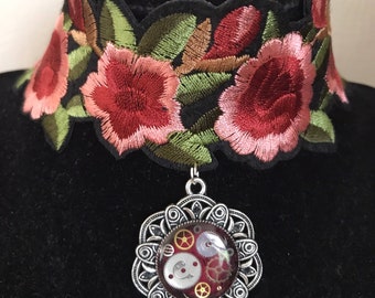 Pink Floral Steampunk Choker, Resin Gear Necklace