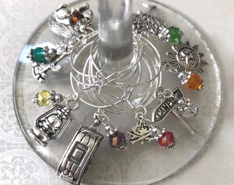Camping Wine Glass Charms, Set of 8, Travel Trailer, Campfire, Nature Theme, Camper Gift