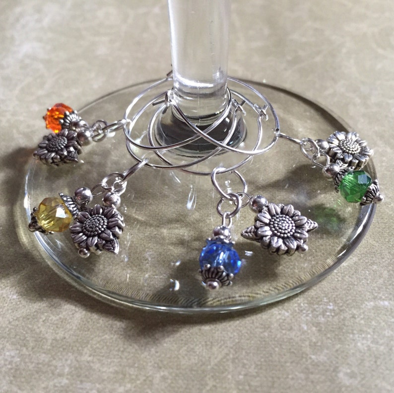 4 sunflower wine glass charms with assorted color glass beads