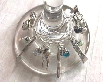 Dentist Wine Glass Charms, Dental Hygienist Gift, Set of 6