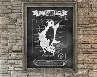 Regional Poster | Big Island Pond, New Hampshire | 18x24" Vintage Chalkboard Style, Rustic Cottage Chic Map of Lake Area, Unframed Art