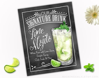 Lime Mojito Signature Drink Sign - Summer Wedding Graduation Bar Decoration, Chalkboard style cocktail sign party printable instant download