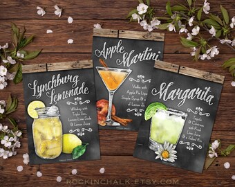 TRIO of Digital Downloads, Printable 5x7" Drink Signs: Lynchburg Lemonade, Apple Martini, Margarita - Rustic Signs for Bars, Weddings, Gifts