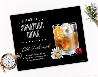 Classic Old Fashioned Bourbon Signature Drink Schild - AS IS Sofort Download druckbare Hochzeitsdekoration | Formal Minimal Schwarz