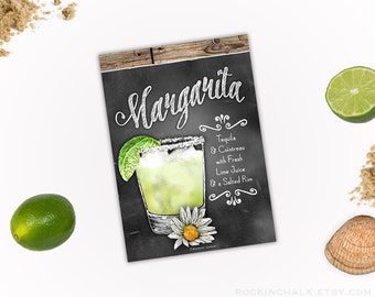 Classic Margarita on the Rocks Cocktail Recipe Sign 5x7" Chalkboard Style Sign with Rustic Wood Border - Instant Download DIGITAL FILE
