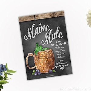 Maine Mule Vodka Blueberry Cocktail Recipe Sign 5x7 Chalkboard Style Sign with Rustic Wood Border Instant Download DIGITAL FILE image 1