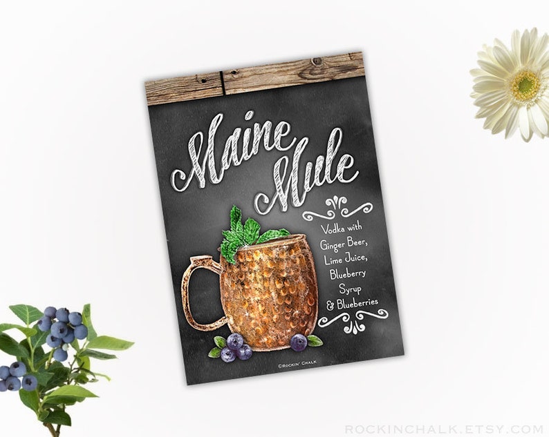 Maine Mule Vodka Blueberry Cocktail Recipe Sign 5x7 Chalkboard Style Sign with Rustic Wood Border Instant Download DIGITAL FILE image 1