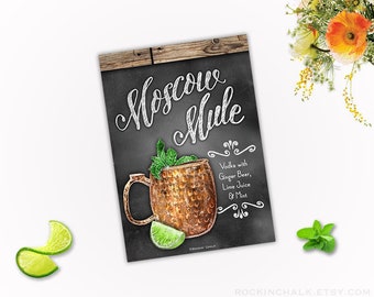 Moscow Mule Drink Sign Vodka Ginger Beer Cocktail Recipe 5x7" Chalkboard Style with Rustic Wood Border - DIY Digital Download Printable file