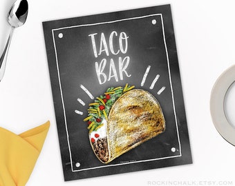 Taco Bar Food Station Printable Sign | Chalkboard Style Illustrated Taco Sign for Weddings, Party Decoration | Instant Download