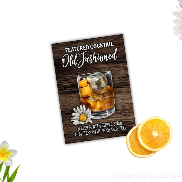 Printable Old Fashioned Drink Sign Gift for Him Bar Decoration for Wedding Rehearsal Dinner - Rustic Barnwood Background, Instant Download