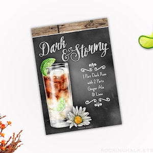 Dark and Stormy Cocktail Recipe Sign Bar Decor 5x7 Chalkboard Style Sign with Rustic Wood Border Instant Download DIGITAL FILE As Is image 1