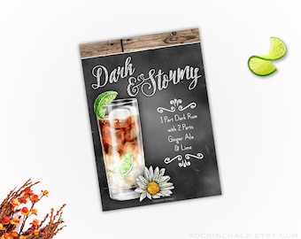 Dark and Stormy Cocktail Recipe Sign Bar Decor 5x7" Chalkboard Style Sign with Rustic Wood Border - Instant Download DIGITAL FILE - As Is