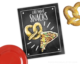 Late Night Snacks - Pizza and Soft Pretzel Printable Food Station Sign | Chalkboard Style Sign - Instant Download, DIY Printable Party Sign