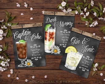 TRIO of Digital Downloads, Printable 5x7" Drink Signs: Dark'n Stormy, Captain & Coke, Gin+Tonic - Rustic Signs for Bars, Weddings, Gifts