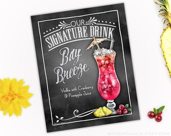 Bay Breeze Signatur Trinkschild | Hurricane Glass - Sommerhochzeit, Probendinner, Partydekoration | Druckbare Datei - Sofort Download