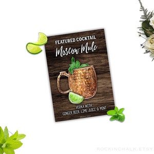 Printable Moscow Mule Drink Sign Gift for Him Bar Decoration for Wedding Rehearsal Dinner Rustic wood Background, Instant Download As Is imagem 1